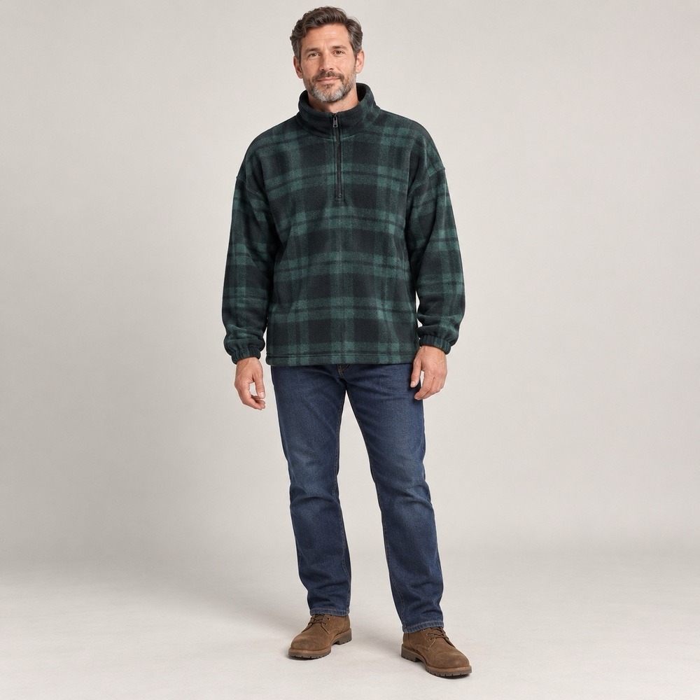 VINTAGE Fieldmaster Sweater Mens XL Green Plaid 1/4 Zip Fleece Pullover Outdoor
